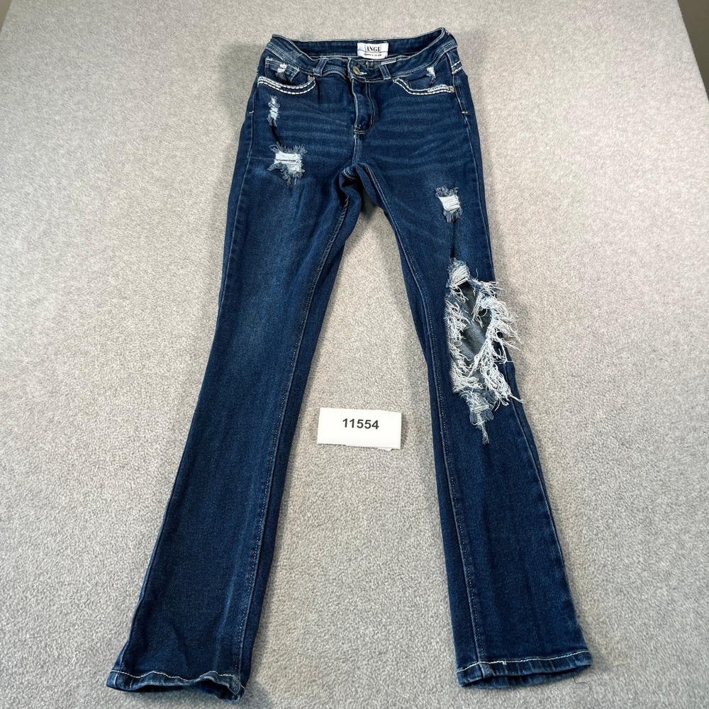 Angel Los Angeles Distressed Bootcut Jeans Dark Wash Embroidered Pockets Size 11